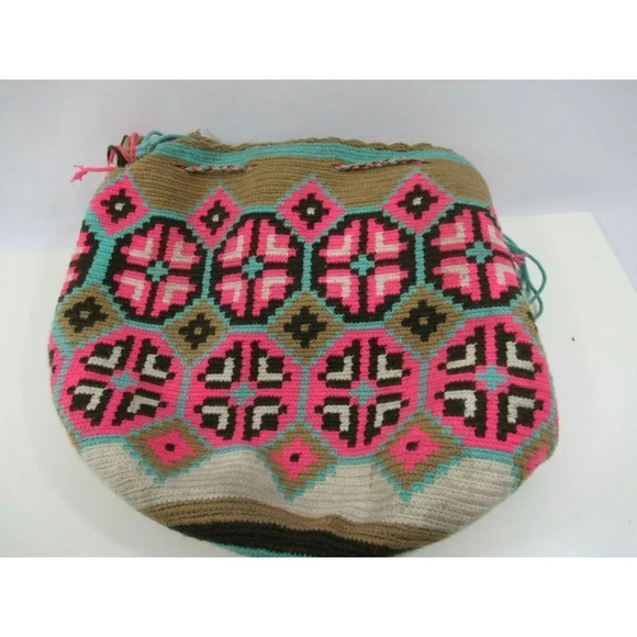 Wayúu Mochila Bag Purse Handbag Bucket Shoulder Straps Colombian Pink Teal Woven - Picture 2 of 8
